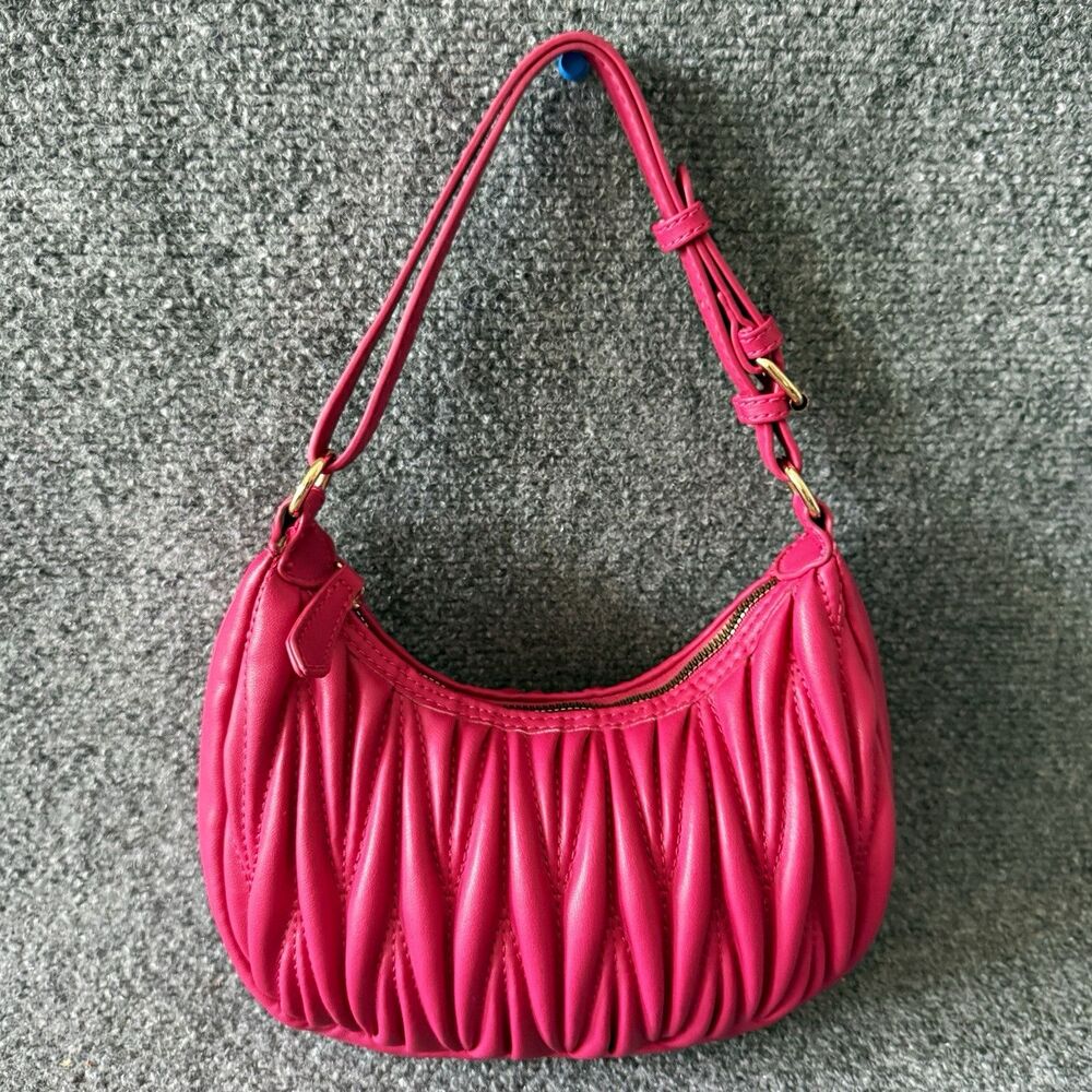 Calin Pink Ruched Crescent Shoulder Bag Gold Hardware Zip Top Lined Pockets